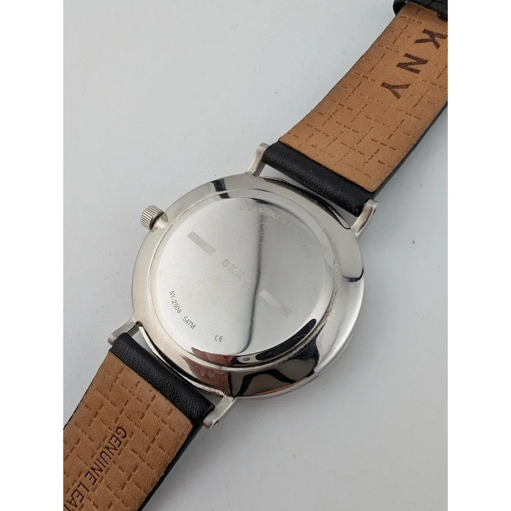 DKNY Watch‎ Women 36mm Silver Case Black Leather Band- New Battery